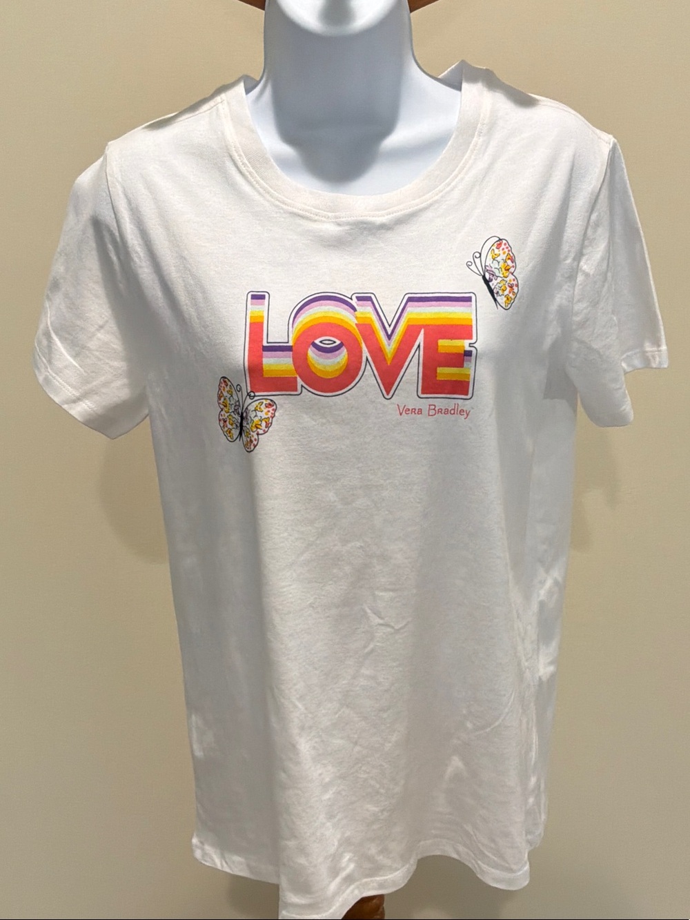 Vera Bradley White Tee with Rainbow LOVE and Floral Butterflies